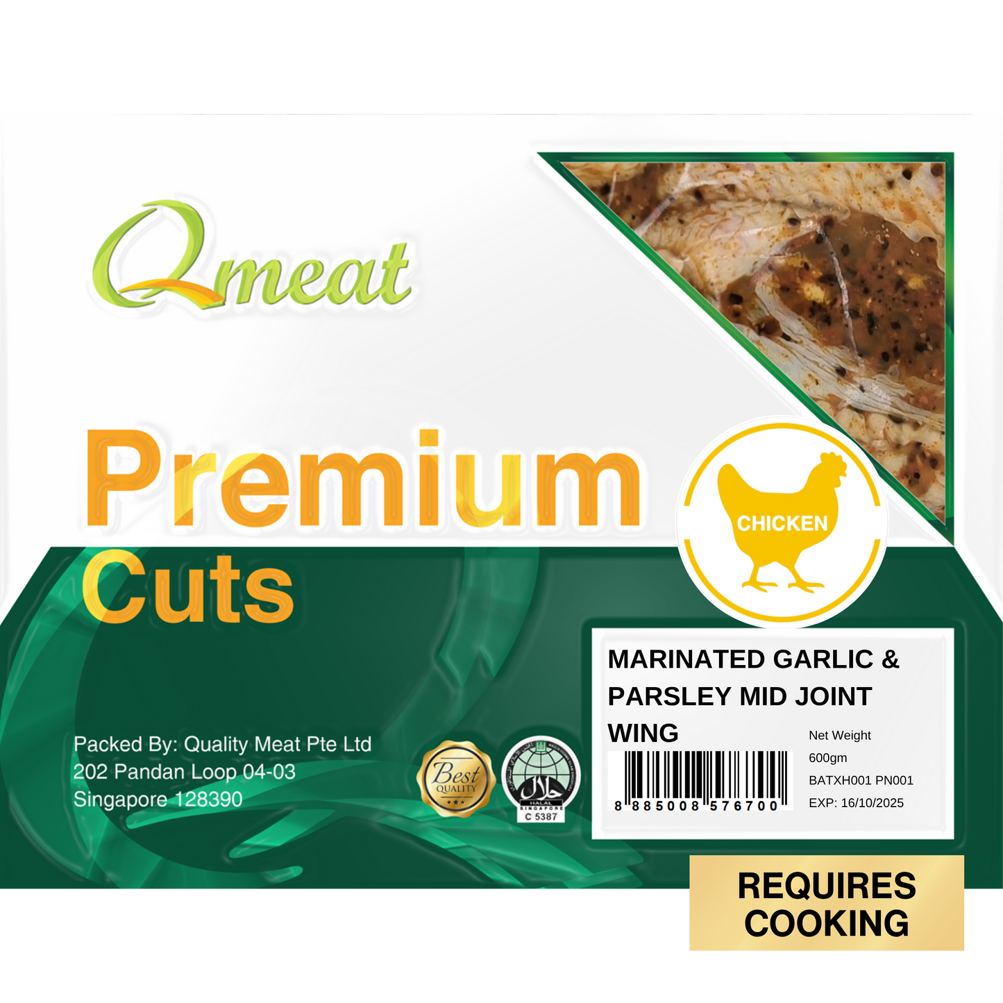Qmeat Frozen Chicken Mid Joint Wing Garlic & Parsley (600g)