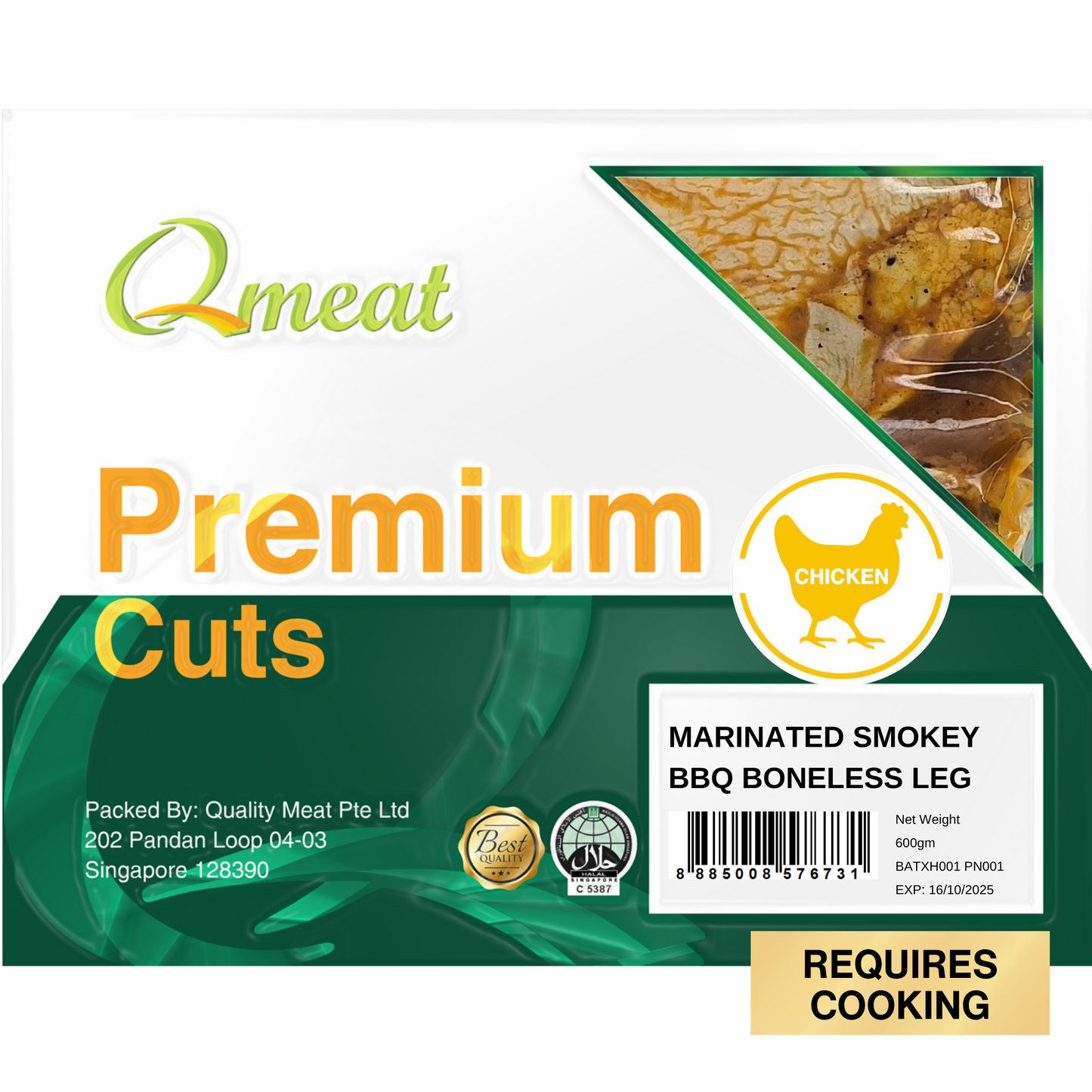 Qmeat Frozen Chicken Boneless leg Smokey BBQ (600g)