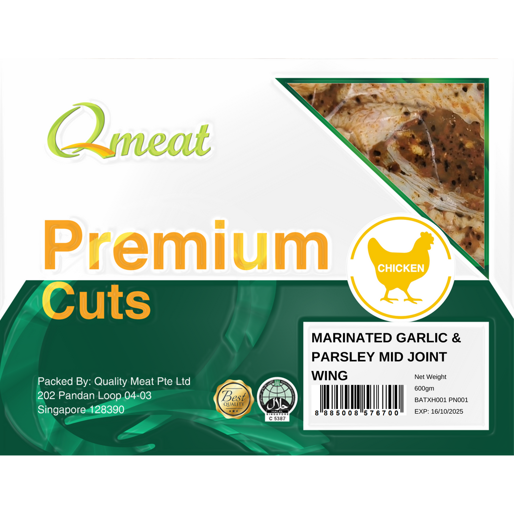 Qmeat Frozen Chicken Mid Joint Wing Garlic & Parsley (600g)