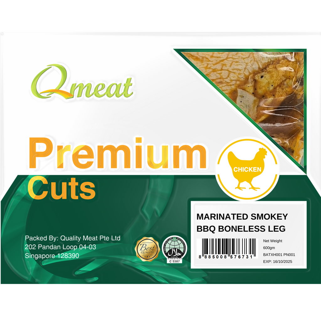 Qmeat Frozen Chicken Boneless leg Smokey BBQ (600g)