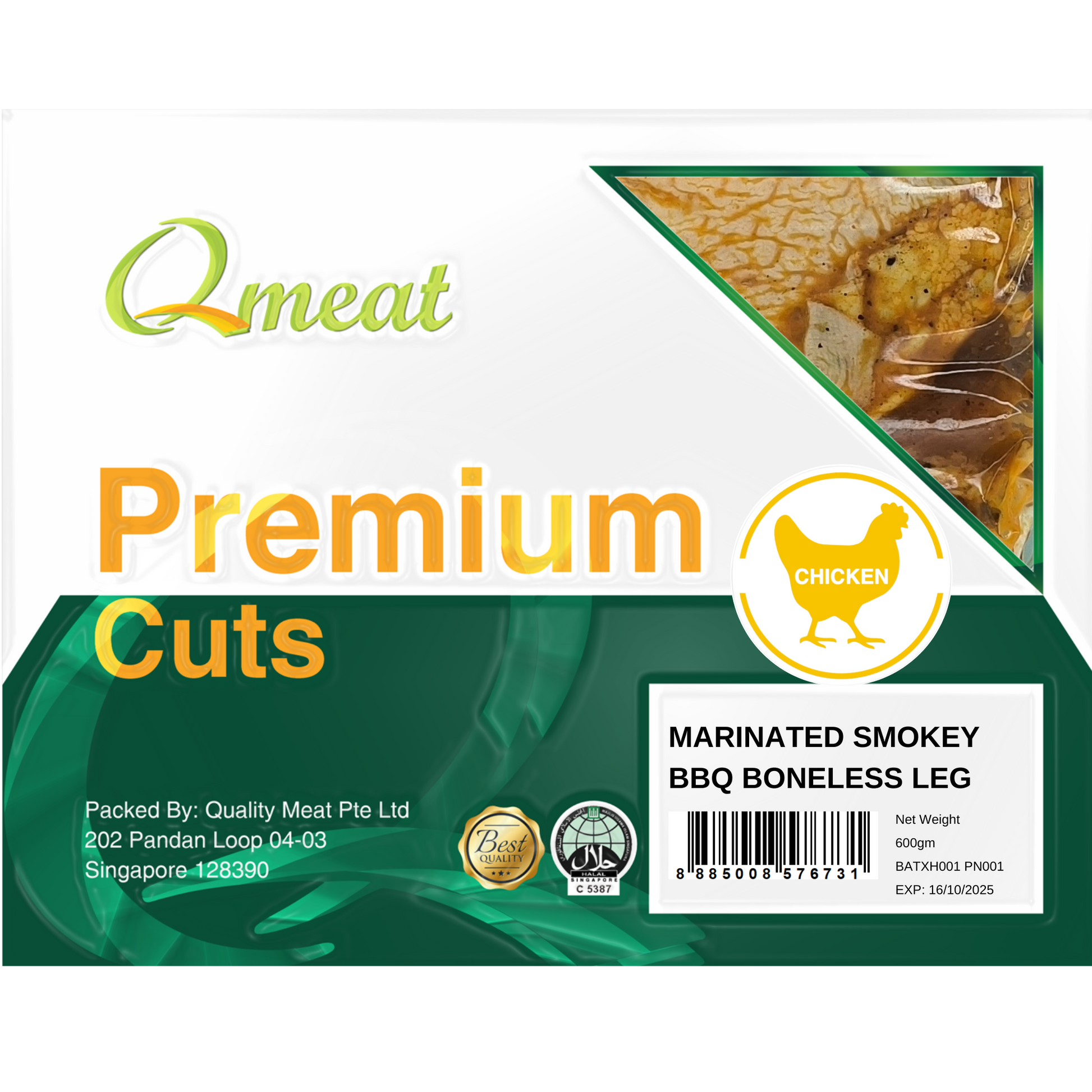 Qmeat Frozen Chicken Boneless leg Smokey BBQ (600g)