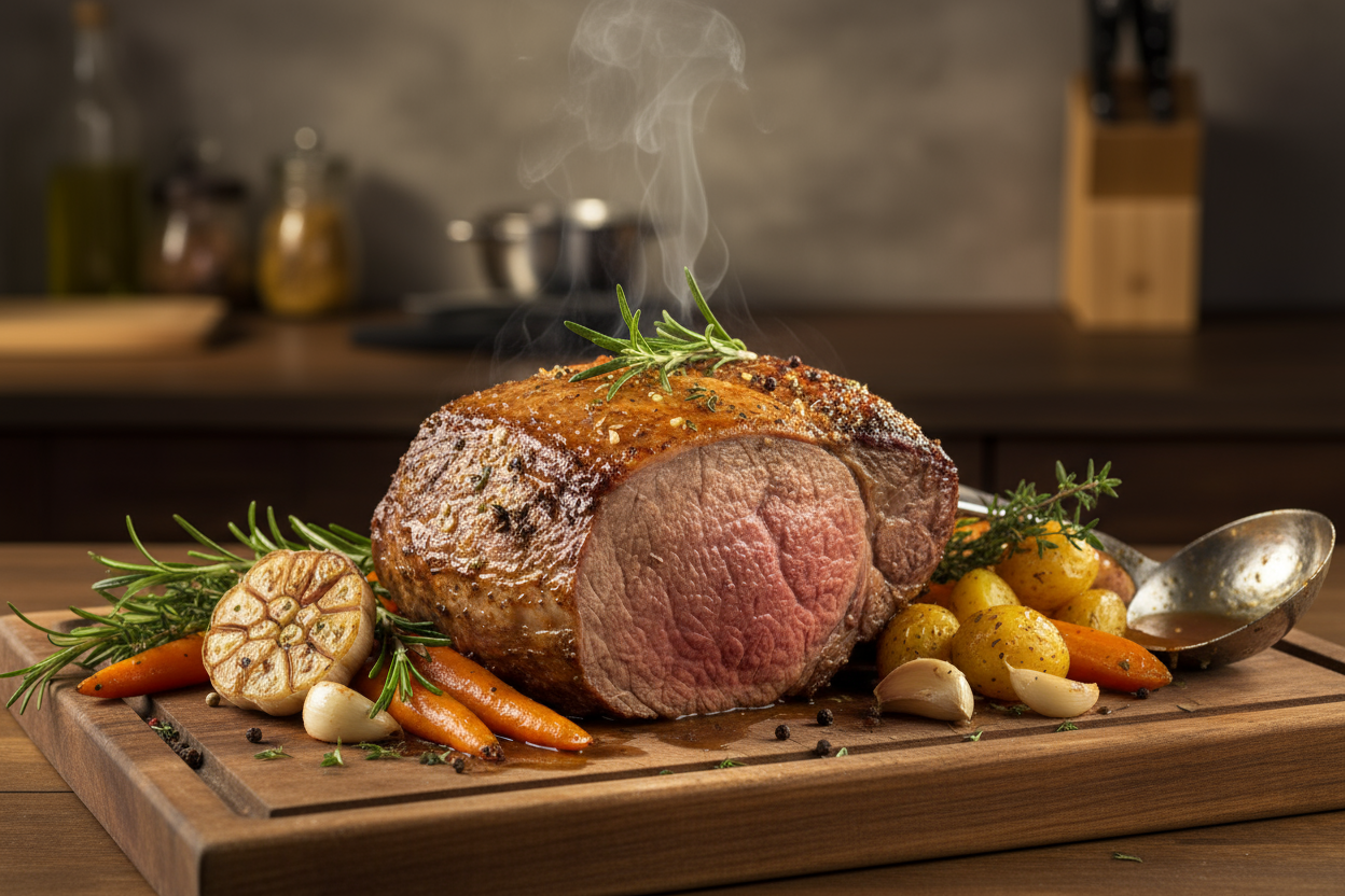 Roasted beef with vegetables on a wooden cutting board in a kitchen setting