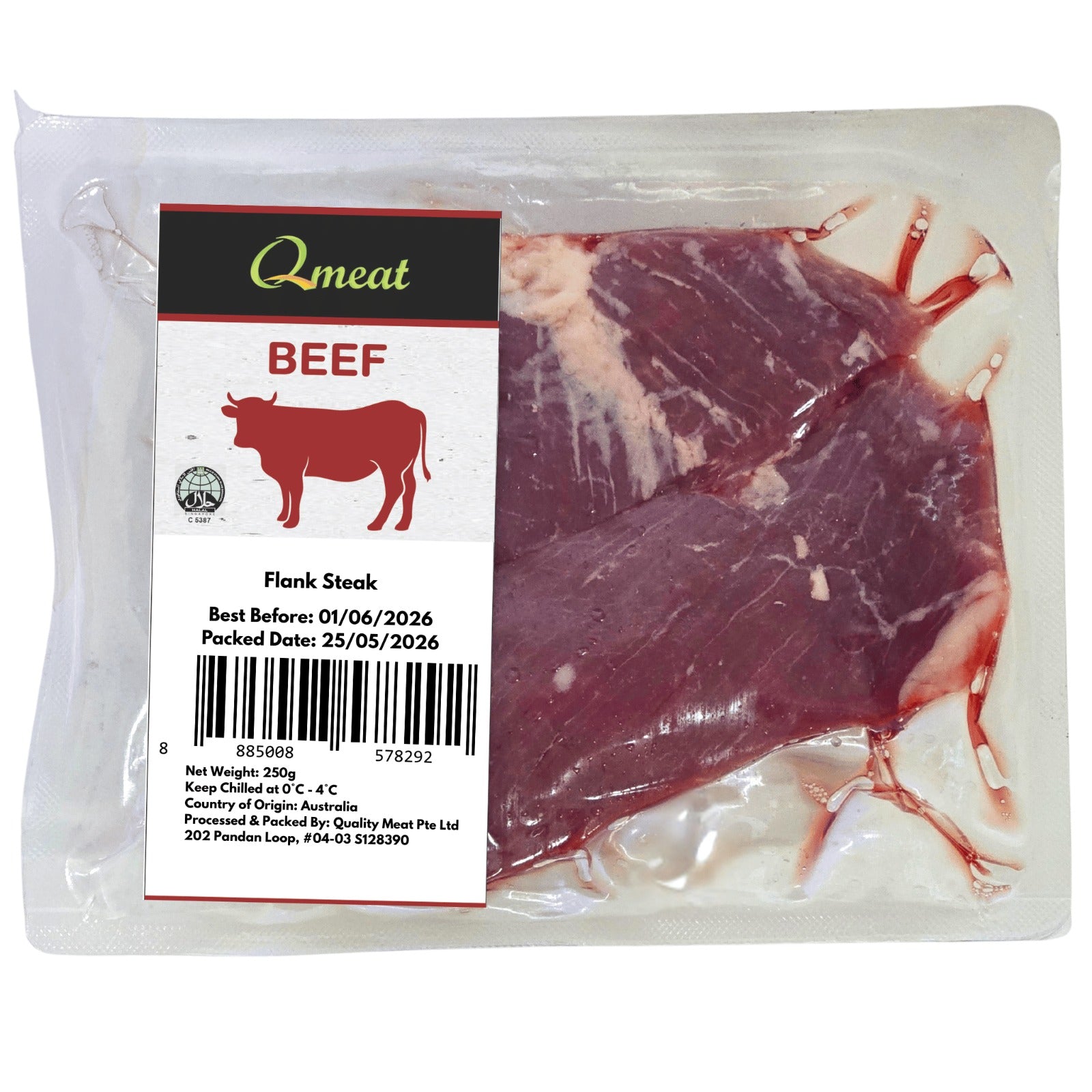 Qmeat Australian Air Flown Grass Fed Beef Flank Steak - Chilled (250g)