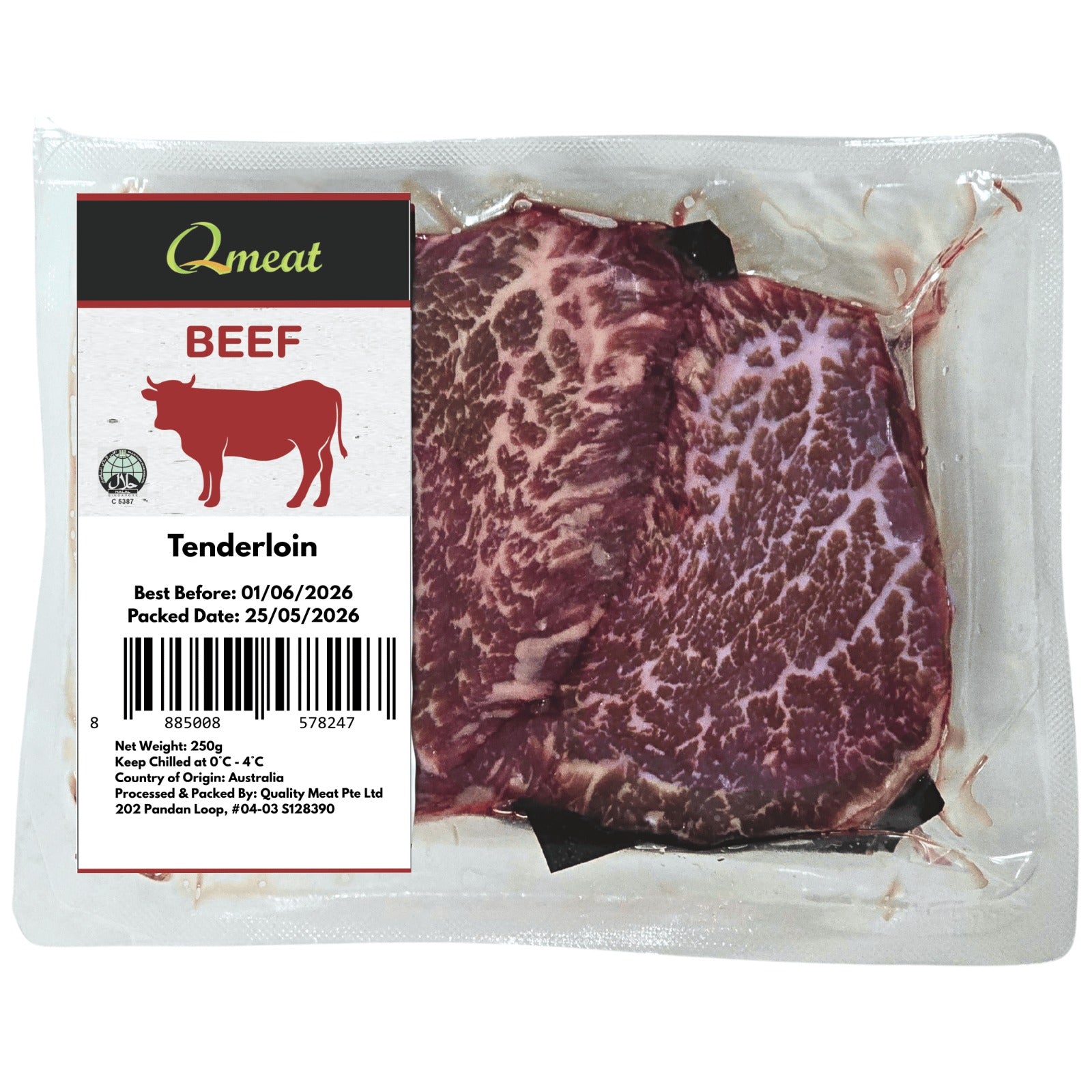 Qmeat Australian Air Flown Grass Fed Beef Tenderloin Fillet Steak - Chilled (250g)