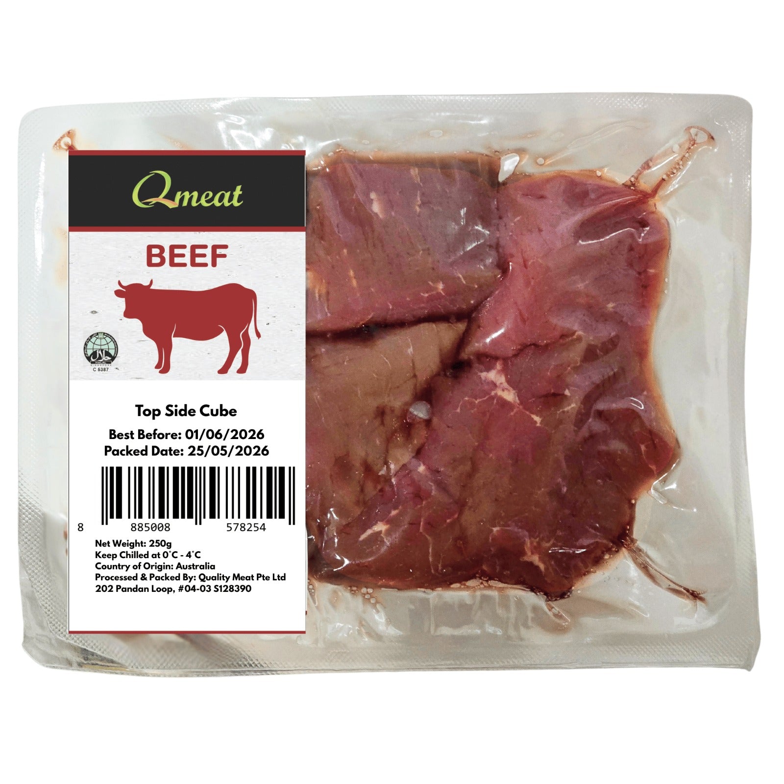Qmeat Australian Air Flown Grass Fed Beef Top Side Cube - Chilled (250g)